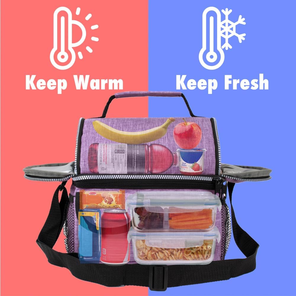 opux Lunch Bag Women Insulated, Adult Lunch Box Cooler, Lunch Box for Men, Dual Compartment Lunchbox for Work, Leakproof Double Decker Lunch Bag, Soft Lunch Pail Tote Girls Boys Kids School, Purple - Image 2
