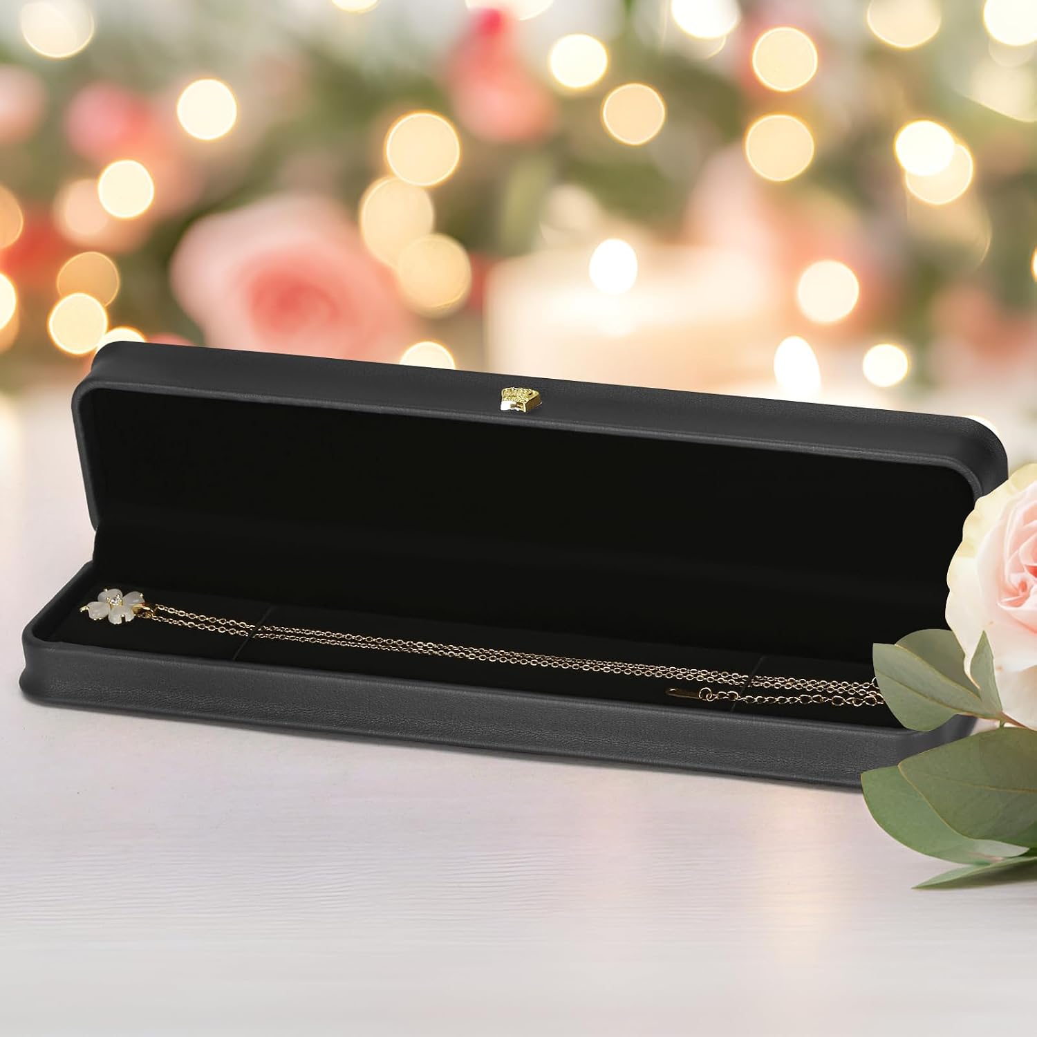 KUKUVR 2 Pieces Necklace Pendant Gift Box (Black) | PU Leather, Jewellry Long Chain Holder Case, For Wedding Day Birthday Anniversary, for Women