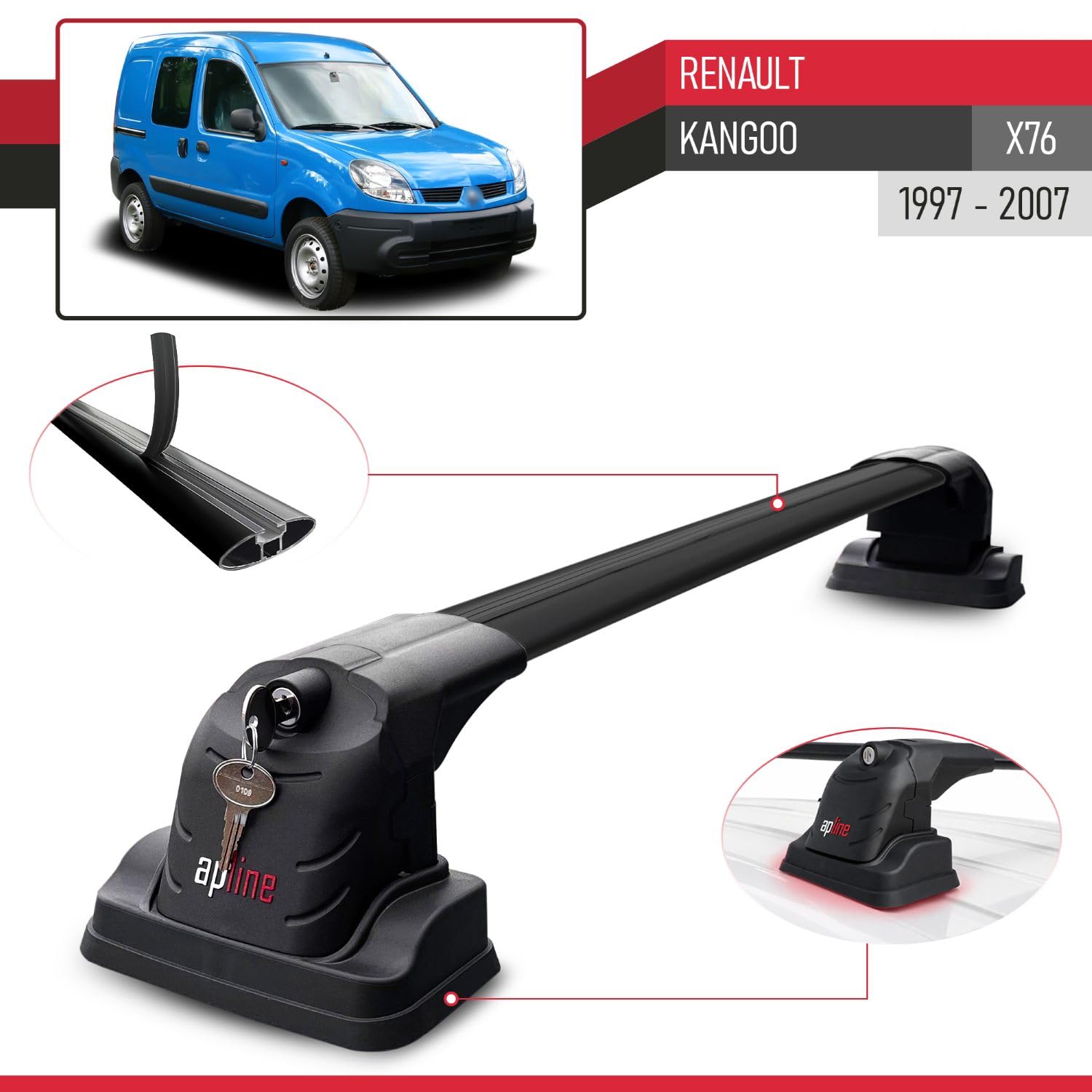 Kompatybilny z Renault Kangoo 1996-2007 ACE-3 Model Aluminiowy bagażnik dachowy 2 poprzeczki, czarne