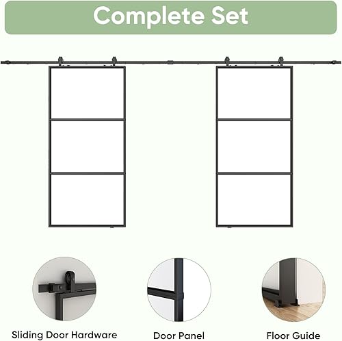 Miniatura 5 de BARNSMITH Puerta de granero de vidrio doble de 84 x 84 pulgadas con kit de herrajes montados en la parte superior de 14 pies, mecanismo de cierre