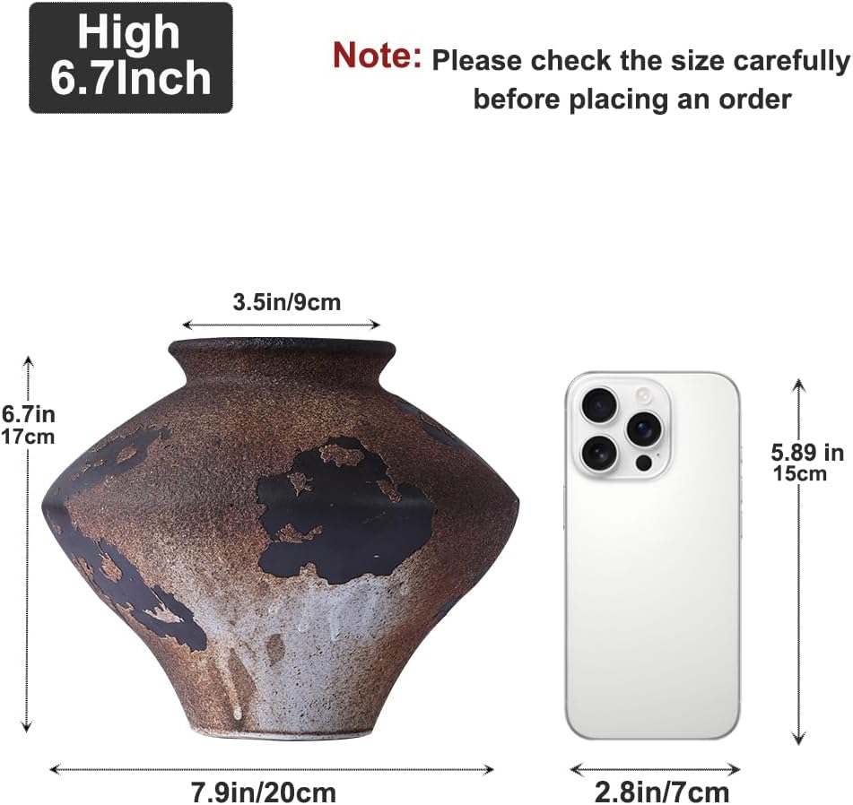 Wabi Sabi Ceramic Vase 6.7", Rustic Textured Pottery Vase, Organic Brown Black Farmhouse Vase with Wide Mouth, Watertight Flower Vase for Pampas Grass, Coffee Table & Shelf Decor