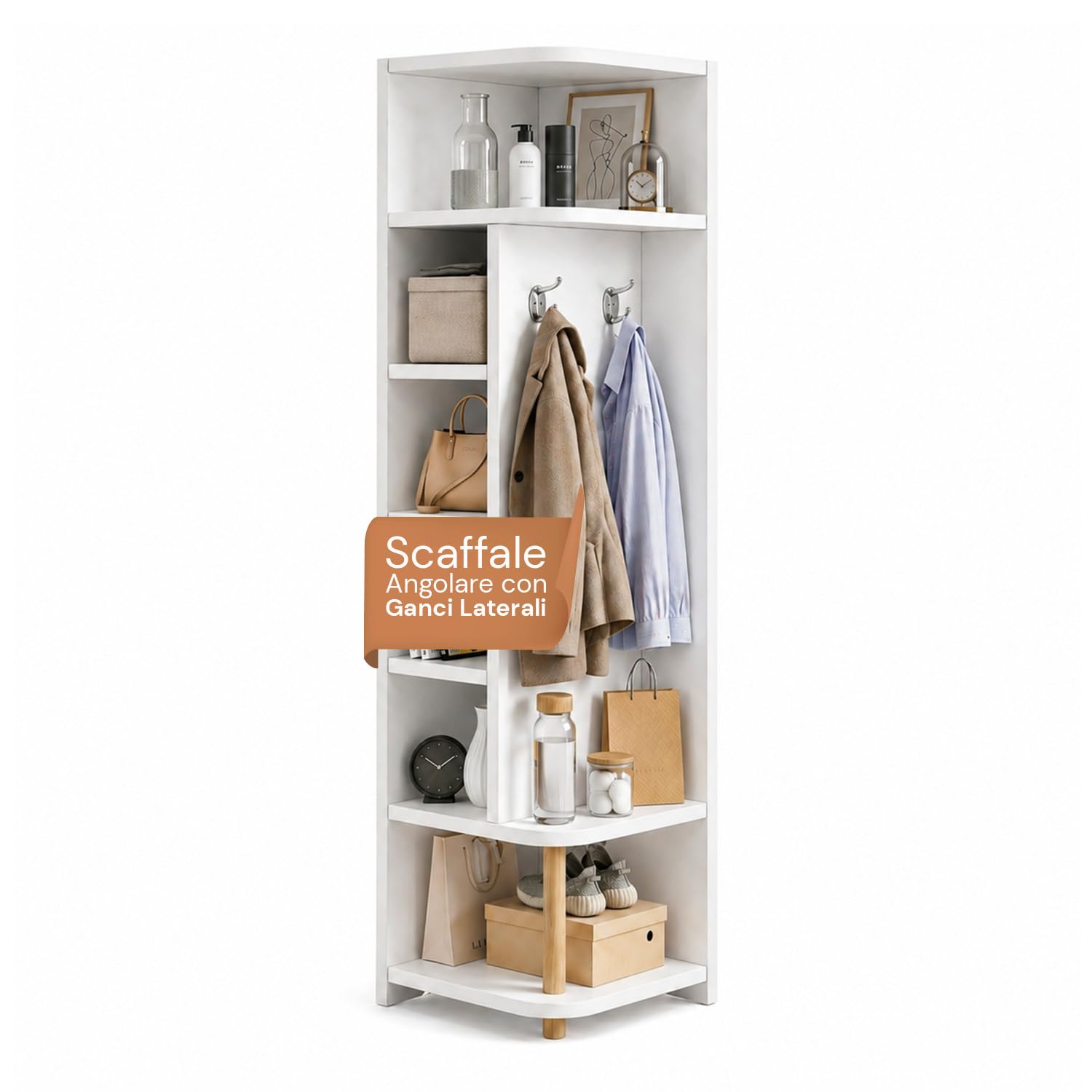 Avilia - Scaffale Angolare Bianco a 7 Livelli – Libreria Verticale Salvaspazio h 180 cm – Mobile ad Angolo con 2 Ganci Laterali Appendiabiti – Struttura Robusta per Soggiorno, Bagno e Ingresso – 30x30