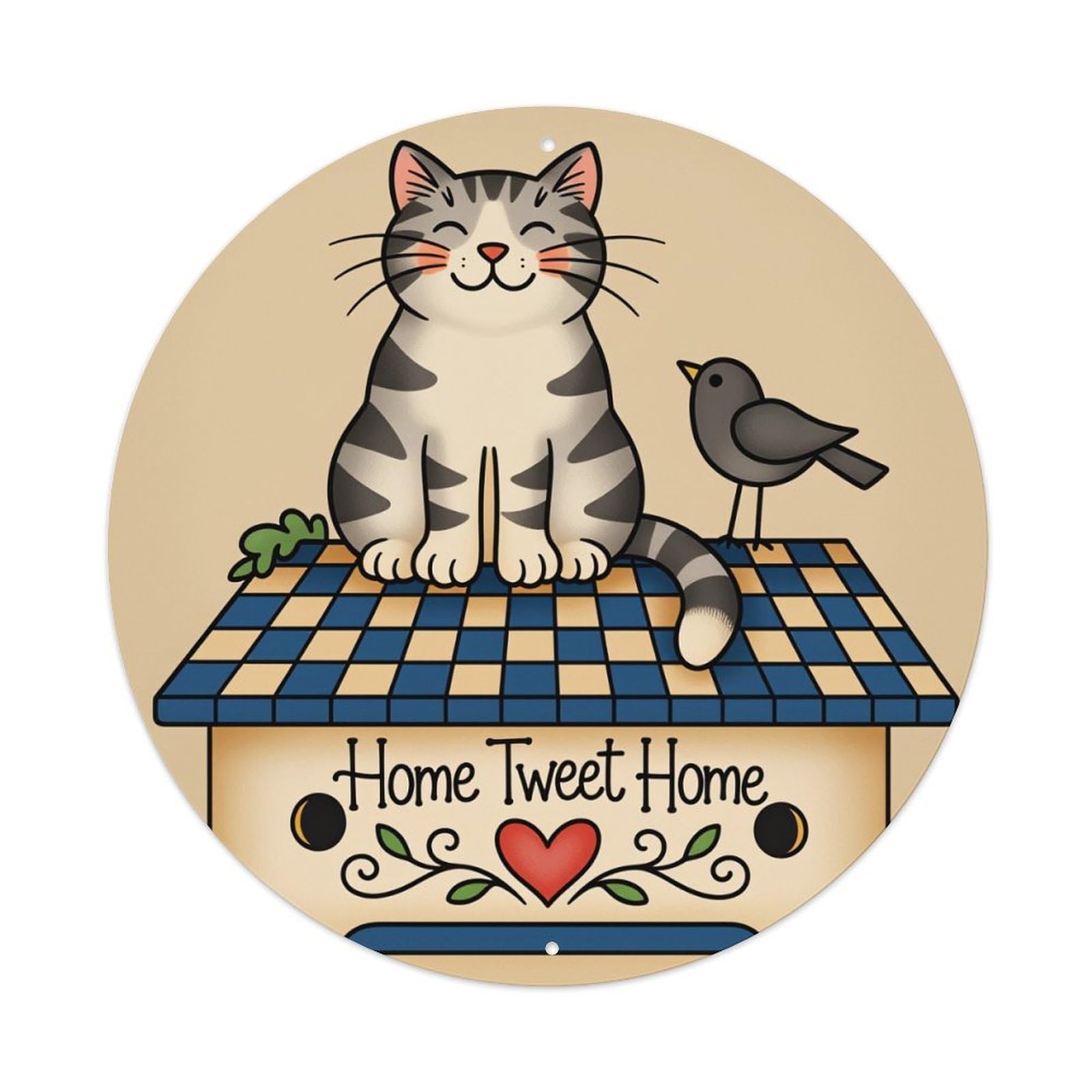 Cat And Bird On Birdhouse With Home Tweet Home Sign Round Vintage Tin Sign,Retro Wall Art,Metal Poster for Home, Bar, Garage, Cafe, Rustic Indoor & Outdoor Decor, 8x8 Inches
