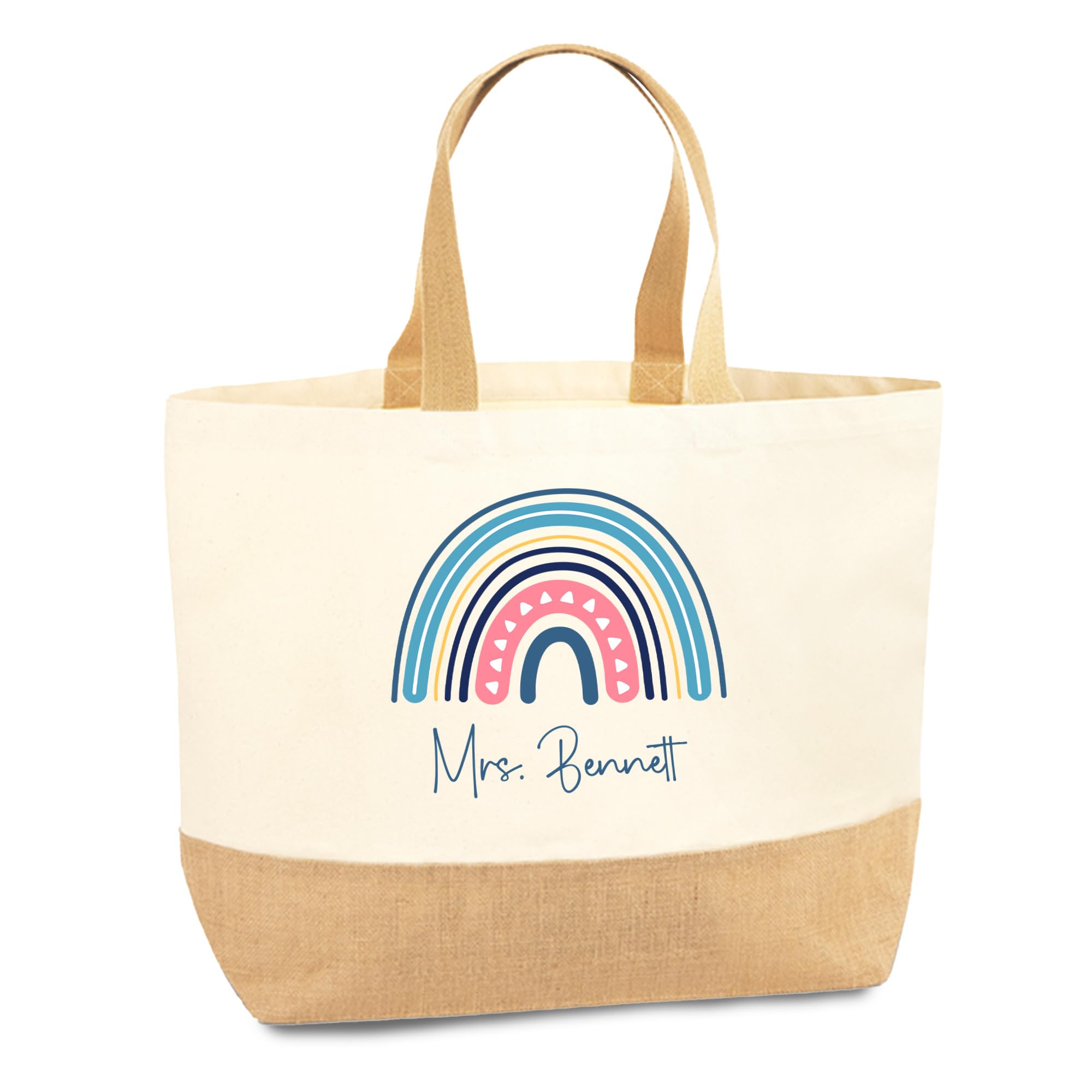 Print Maniacs Personalised Teacher Gift Bag Custom Rainbow Name Tote For Teaching Assistant Nursery Teacher School Staff Gift End Of Term Thank You Present Reusable Canvas Jute Shopping Bag