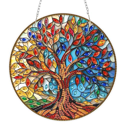 AIRDEA Árbol de la vida vitral Diamond Painting Colgante Acrílico Doble Cara, Hojas coloridas Pintura Diamante Colgante Atrapasol Kit Manualidades Adultos, Atrapasol Ventana Diamond Painting