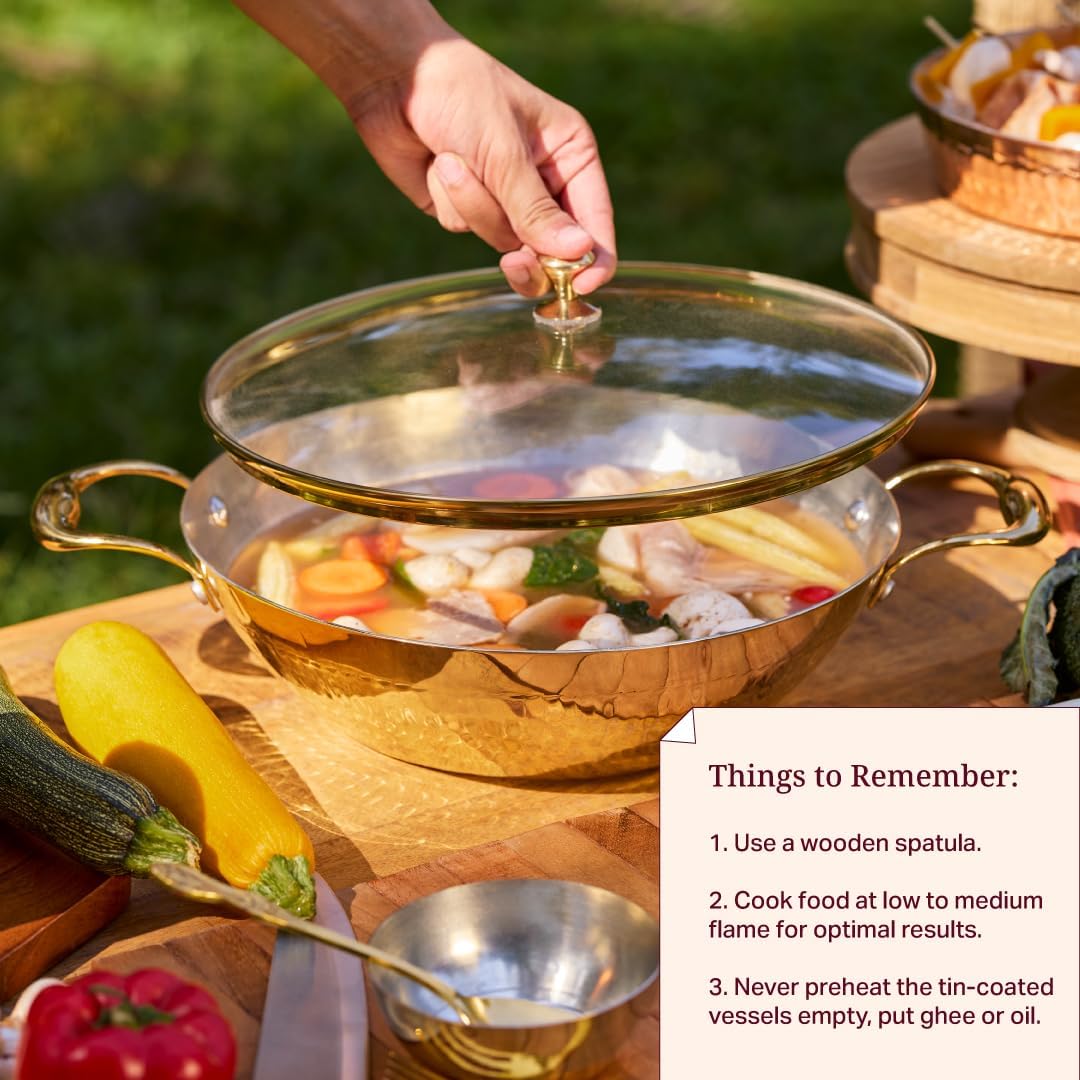 P-TAL Brass Wok With a Lid, Kadhai, Nonstick Wok Pan with a Tin Coating, Non-Toxic Cookware with Ayurvedic Health Benefits, PFOA and PFAS Free (Glass Lid Flat Base)