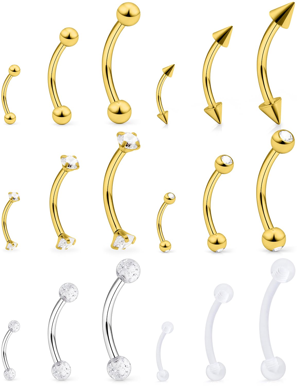 Lcolyoli18pcs 16G Clear Bioflex Acrylic & Stainless Steel Eyebrow Barbell Rook Daith Earrings Belly Studs Cartilage Tragus Barbell Body Piercing Jewelry Retainer 6mm 8mm 10mm