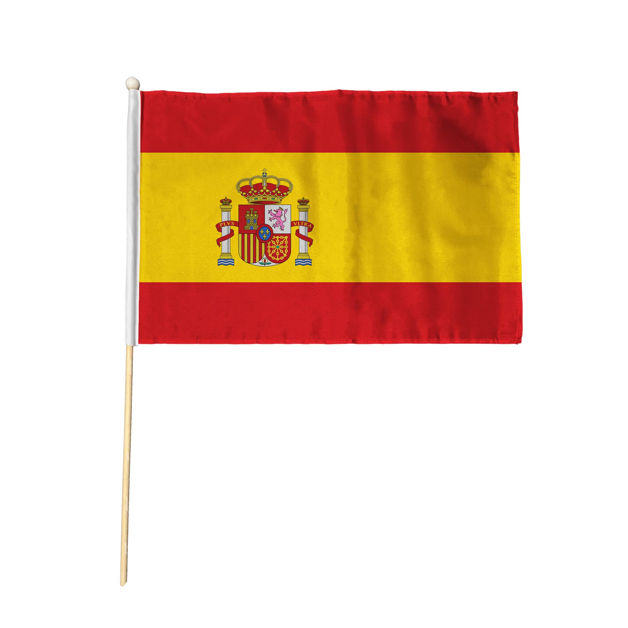 Flagtex Spain with Crest Hand Waving Flag (18x12 Inch Large) - Premium Wooden Stick Hand Flag Big Size Natural Wood Pole European Red Yellow Coat of Arms State Flag Events — image 1
