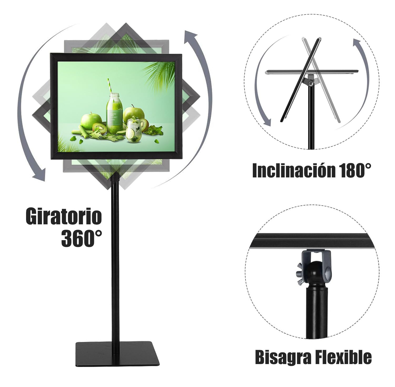 RELAX4LIFE Expositor de Pie Giratorio 360° con Altura Ajustable 73,5-118/78,5-123cm y Inclinación 180°, Atril de Aluminio y Acero Inoxidable con Película PVC para Bodas, Tiendas y Menús