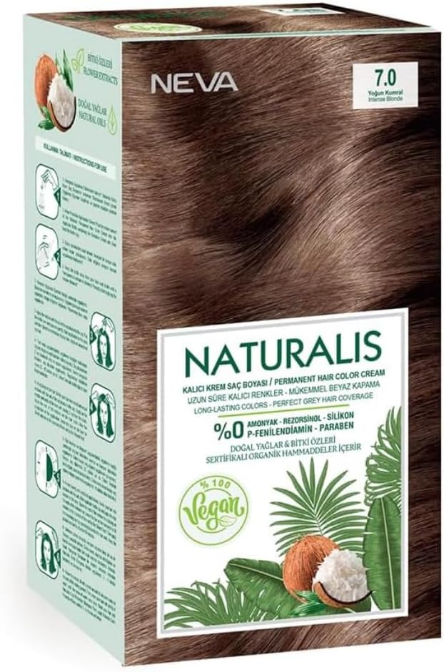 NEVA Naturalis Permanent Hair Dye Set, Vegan,100% Gray Coverage, Organic, No Harmful Chemicals, GMO-Free, Long-Lasting Shine - INTENSE BLONDE - 7.0