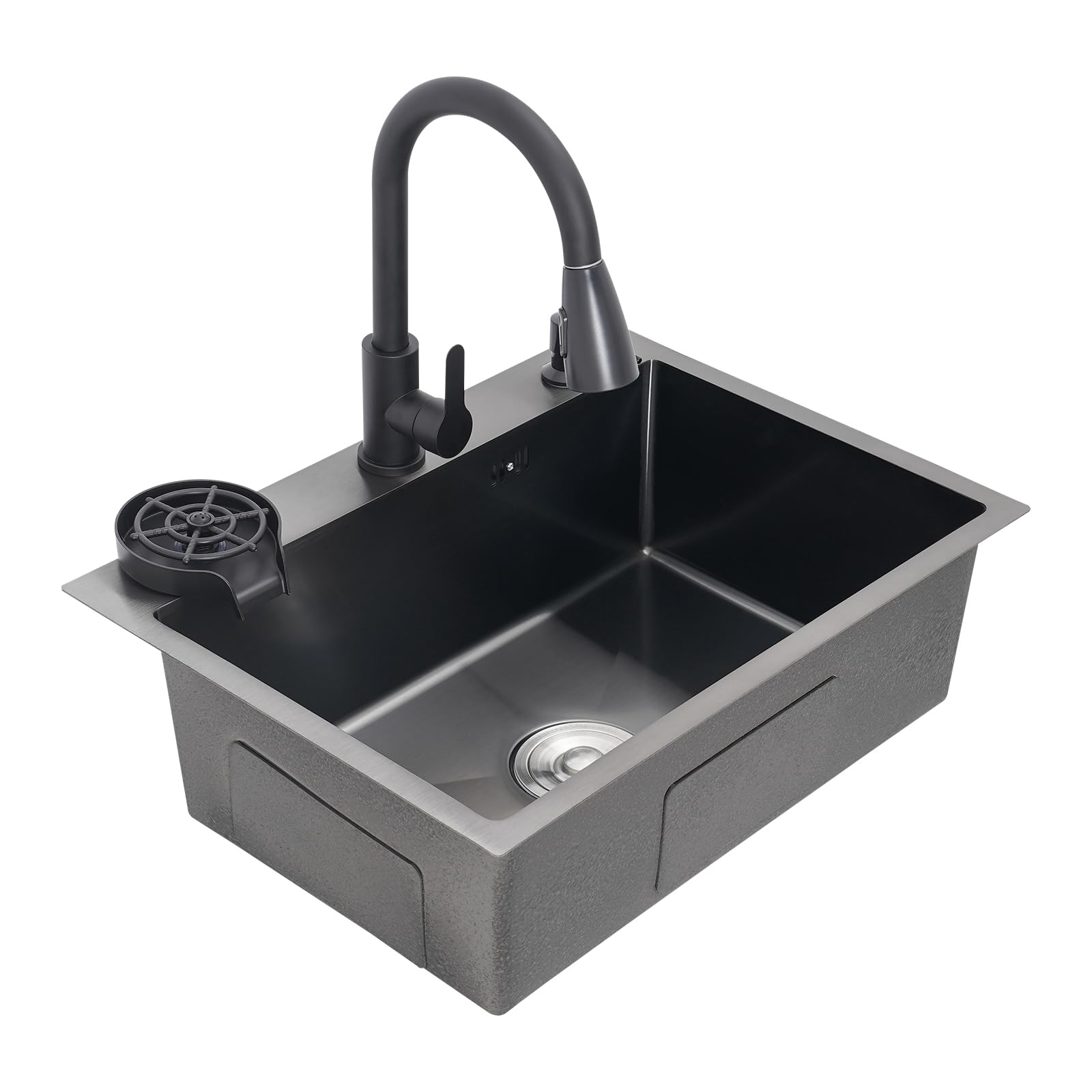 Edelstahl Spülbecken 60 cm Breit mit Ausziehbar Küchenarmatur Abtropffläche Seifenspender Schalldämmung-Schicht Tasserneiniger Abflussrohr Abflusssieb Schwarz Eckig Küche Spüle Küchenspüle 1 Becken