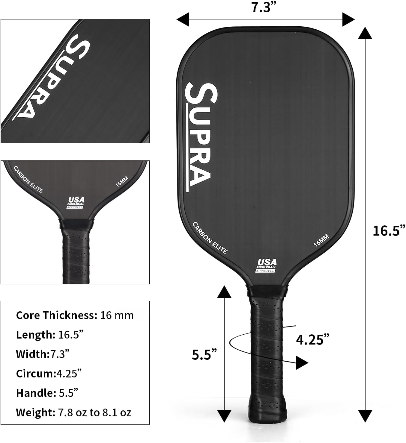 Supra T700 Raw Carbon Fiber Pickleball Paddle Racket | 16mm | USA Pickleball (USAPA) Approved for Tournament | Control &Power | Grit Surface for Spin | Carbon Elite | Includes Paddle Cover