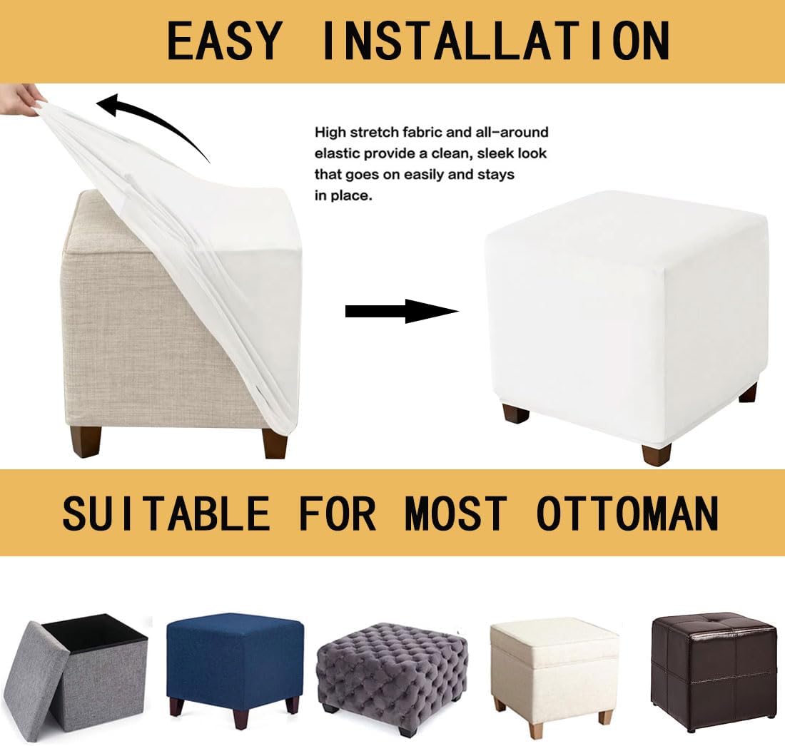 Ottoman Cover Square Velvet Storage Ottoman Slipcovers Thick Stretch Footrest Foot Stool Covers Protector with Elastic Band(Large-White)