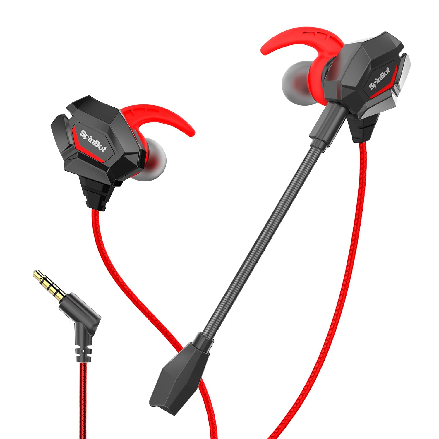 SpinBot BattleBudz W20 Gaming Wired Earphones with Dual Mic | Detachable Boom Mic, 10mm Gaming-Tuned Drivers, Shark Fin Eartips for Mobile, PC/Laptop, Xbox One, PS4, PS5 (RED)