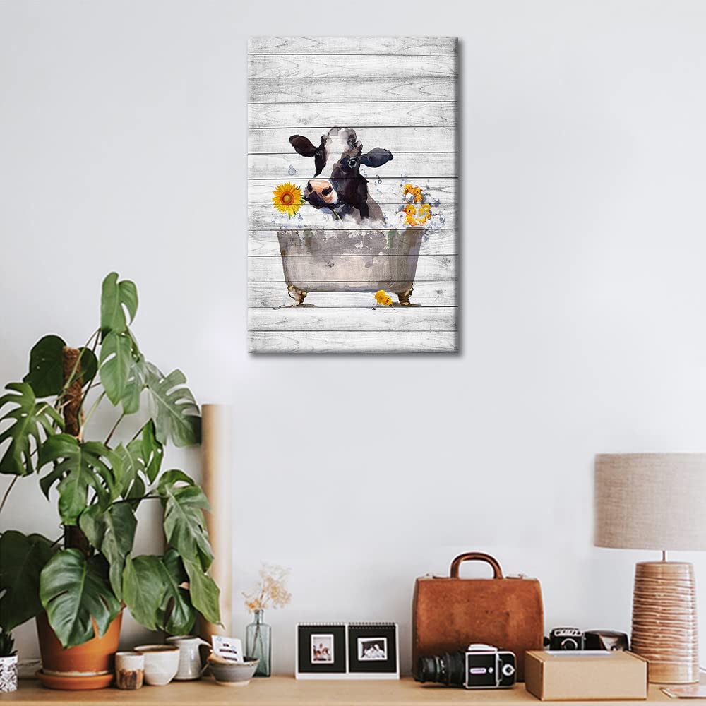 Farm Animal Wall Art Funny Cow Take Shower in Bathtub on Wood Board Canvas Abstract Painting Modern Artwork Framed Ready to Hang for Bathroom Home Living Room Decor 8x12inch (20x30cm) - Image 4