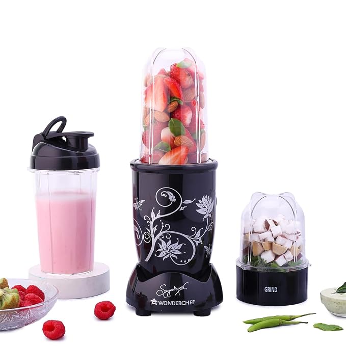 Wonderchef Nutri-blend Mixer Grinder Blender, Smoothie Maker, 3 Unbreakable Jars (Blending, Grinding, and Sipper Jar), 500W 22000 RPM 100% Full Copper Motor, SS Blades, 2 Year Warranty, Black