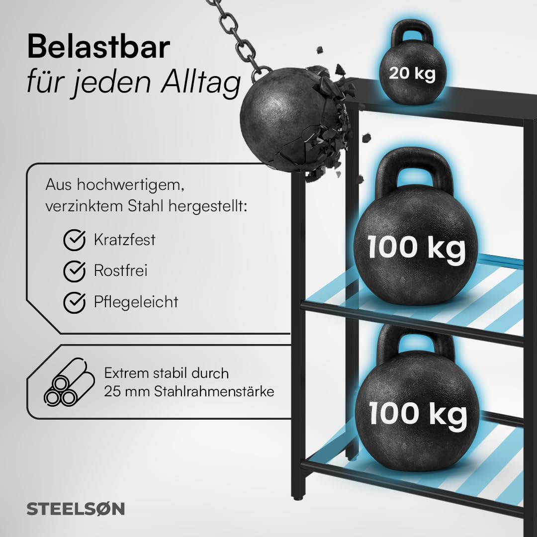 STEELSØN Macondo Getränkekistenregal mit Ablage – stabiles & platzsparendes Getränkeregal für 4 Kisten –Kistenregal Schwarz Metall – Kastenständer für Getränkekisten & Obst – Bierkisten Regal