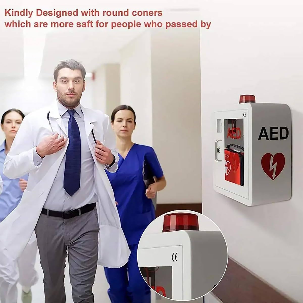 An der Wand montierter AED-Aufbewahrungsschrank,AED-Defibrillator-Wandschrank,Defibrillationsalarmbox,Erste-Hilfe-Schrank, mit transparentem Fenster und Schlüssel,blinkendem Alarmlicht,for Home-Office