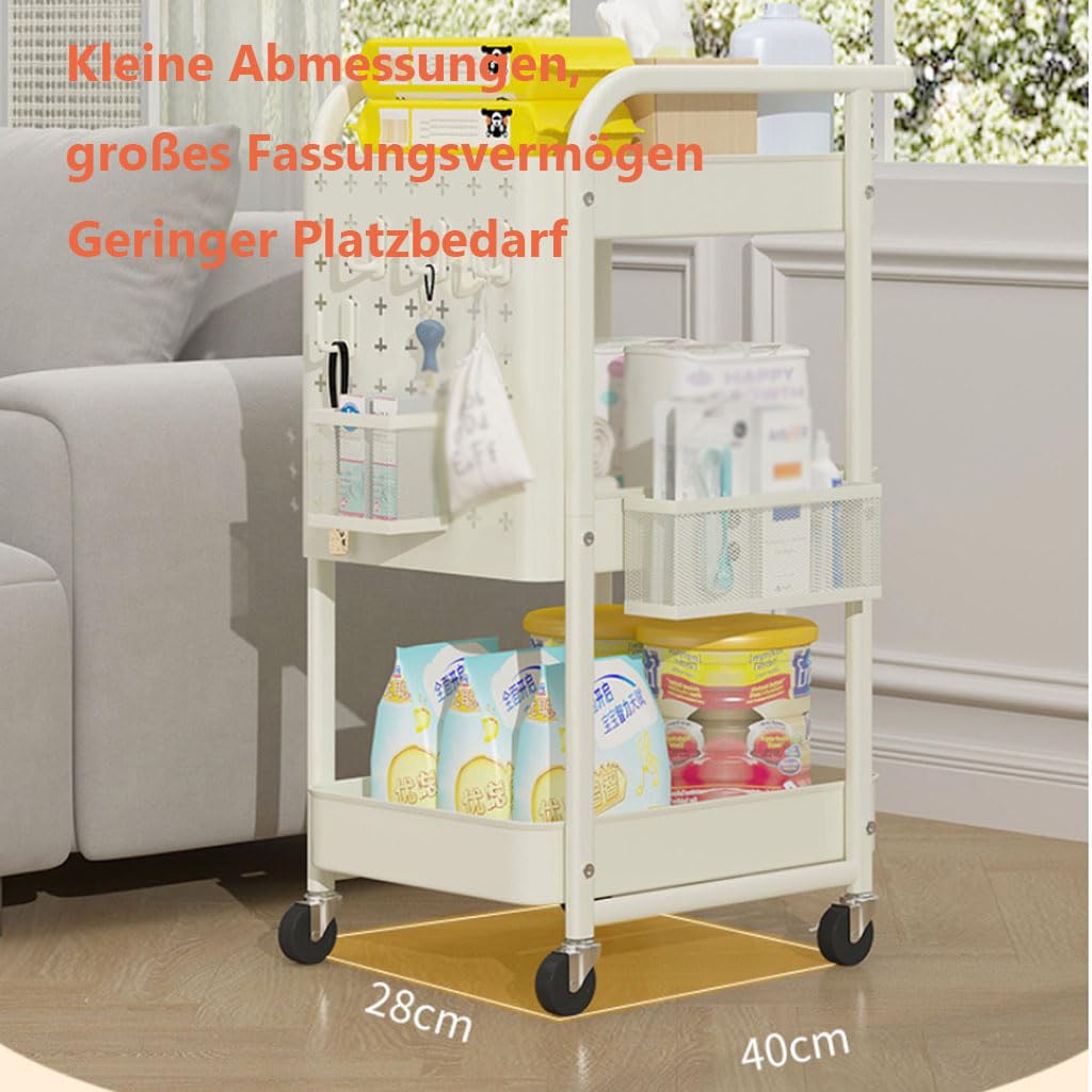Servierwagen Mit Rollen Und Haken, 3-Tier Bastelwagen Für Küche, Multifunktionaler Rollwagen Schmal Für Haushaltsartikel Lebensmittel Und Bürozubehör,Beige