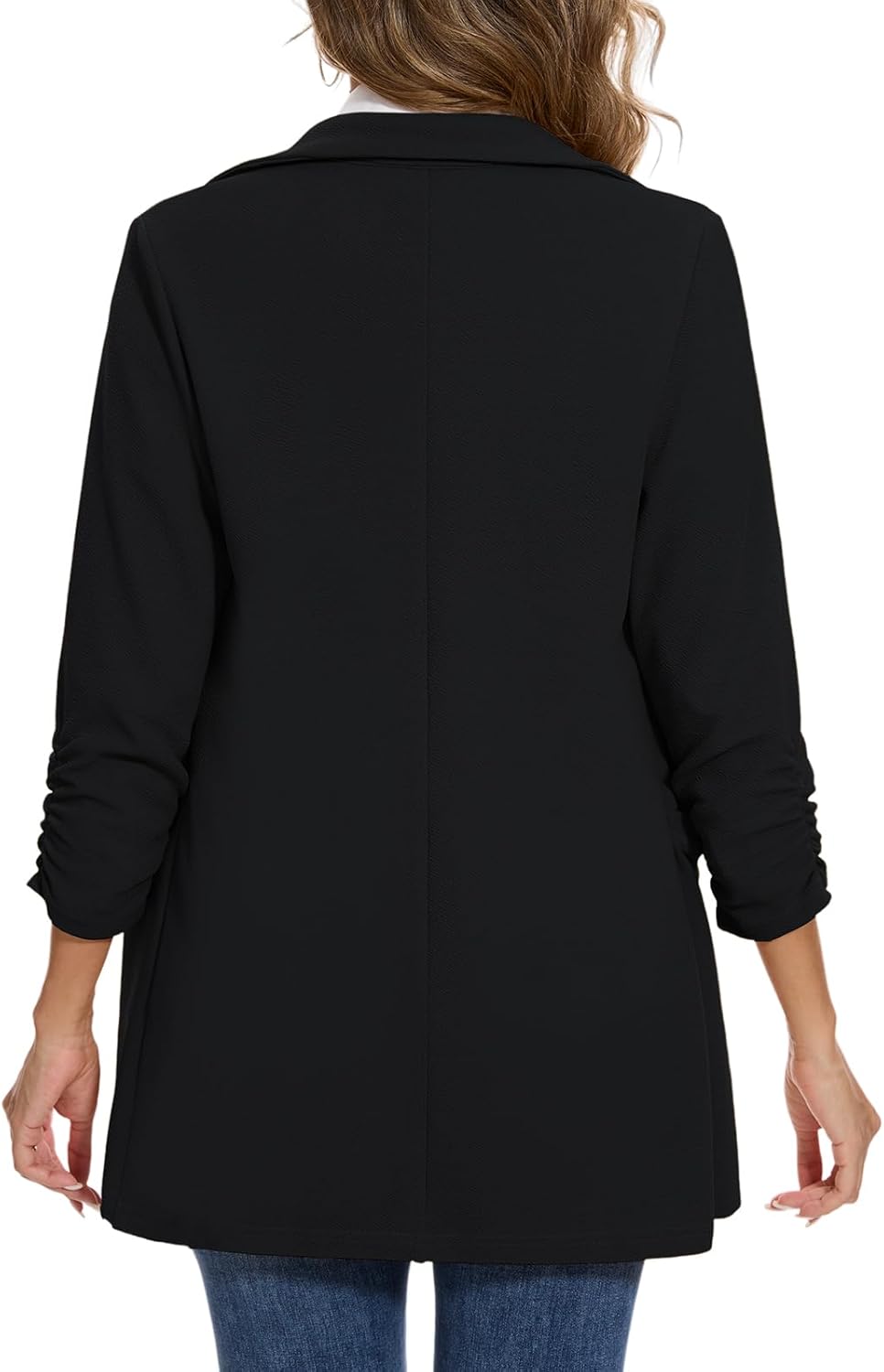 MINTLIMIT Women's Casual Long Blazer 3/4 Ruched Sleeve Lapel Button Front Work Office Blazers Suit Jacket with Pockets