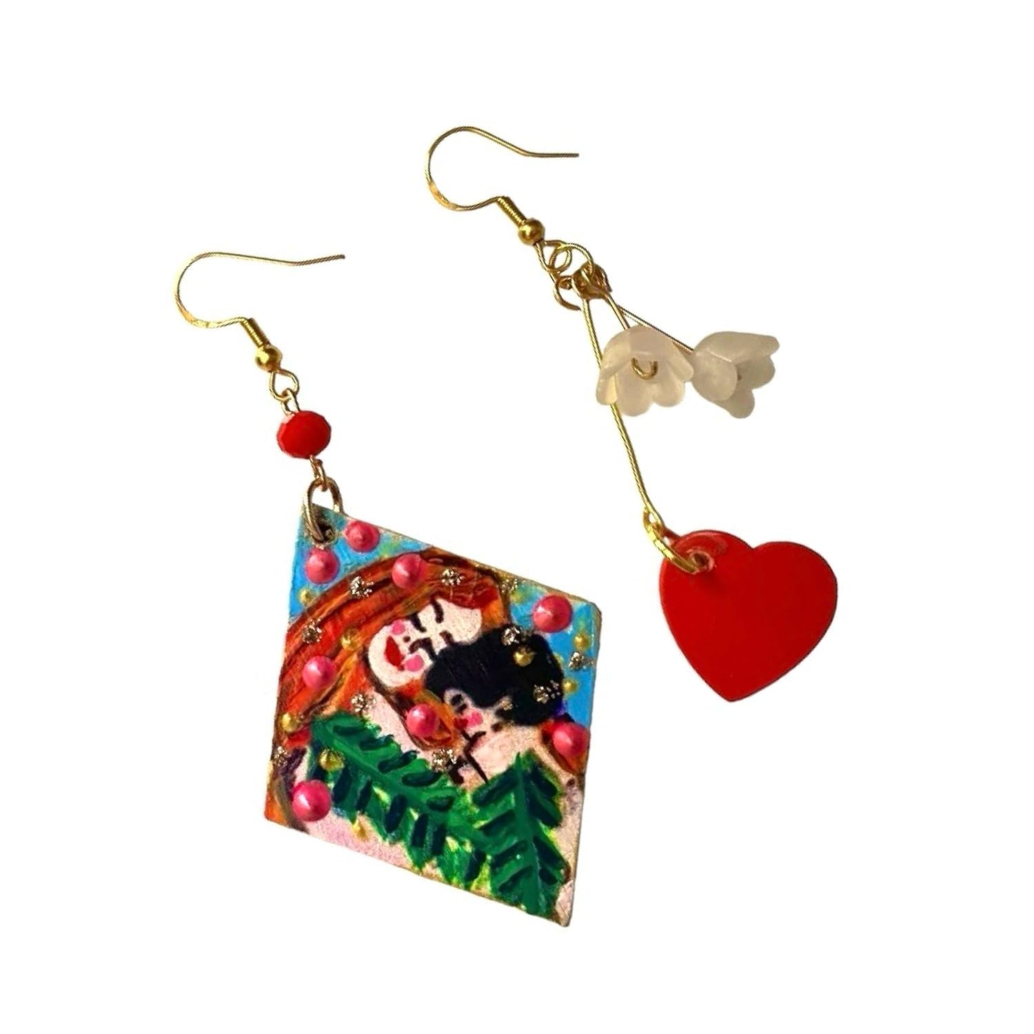 Boucles d'oreilles peintes à la main - LA MÈRE ET LE FILS DE KLIMT - Boucles d'oreilles pendantes asymétriques pour femme, Bijoux en bois peint, Crochet en argent, Fabriqué en Italie, Bijoux décorés