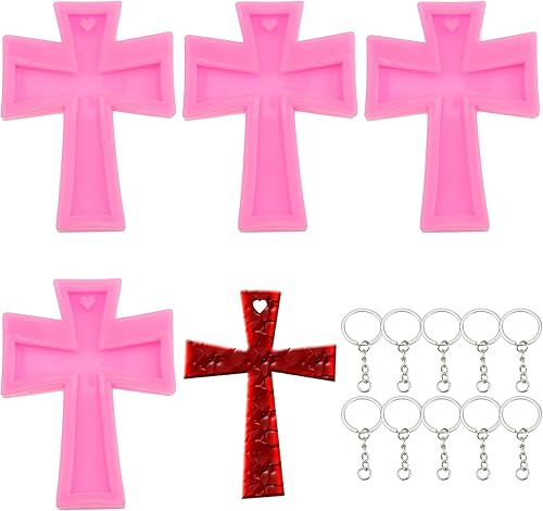 Paquete de 4 llaveros en forma de cruz de resina de silicona con 10 llaveros de bricolaje, llavero, collar, bolsa para hacer joyas, bolsa de