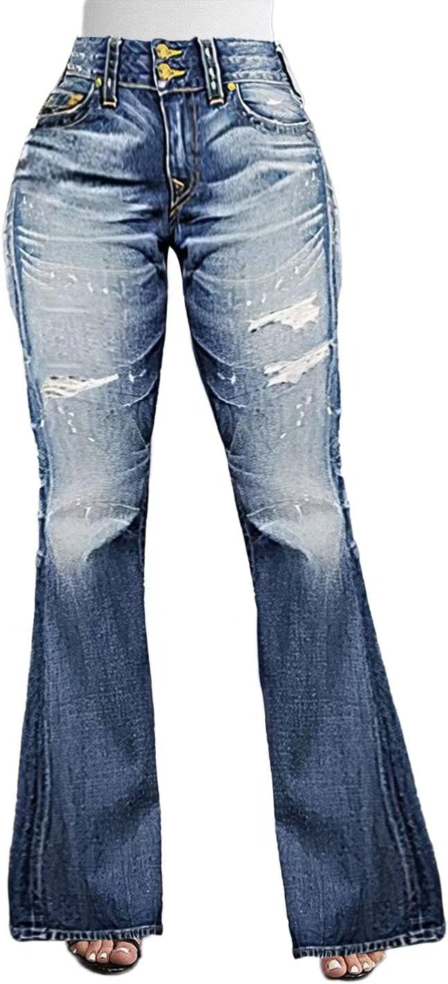 Flamingals Ripped Jeans for Women 90s Vintage Sexy Tummy Control High Waisted Bell Bottom Jeans