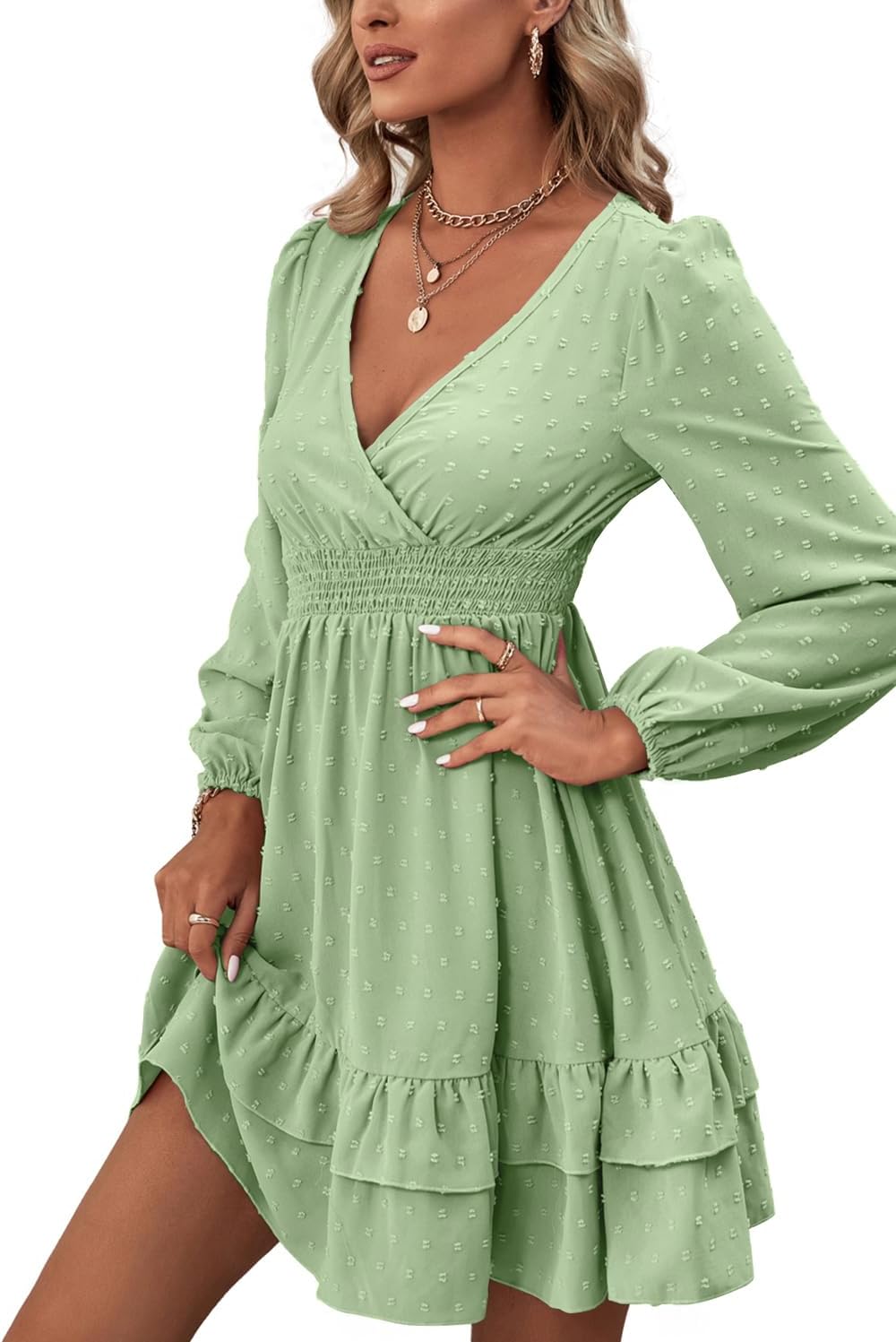 Rooscier Women's Wrap V Neck Swing Ruffle Swiss Dots Long Sleeve Mini Dress - Image 4