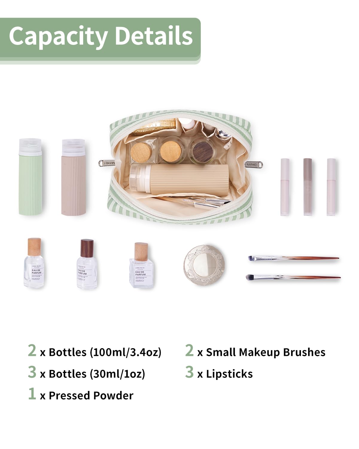 Narwey Small Striped Makeup Bag for Purse Mini Cosmetic Bag Travel Makeup Pouch Zipper Pouch Cute Make up Bags with Compartments for Women Girls (Mint Green Stripe, Small) - Image 2