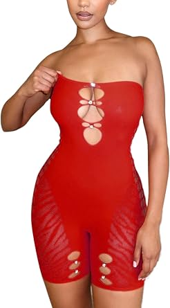 AVZXSA Womens Sexy Hollow Out Seamless Tube Rompers, One Piece Rhinestone Accented Strapless Mesh Bodysuit Jumpsuits