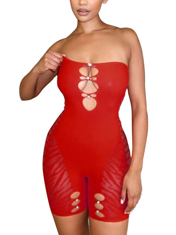 AVZXSA Women's Sexy Strapless Tube Top Mesh Romper Cutout One Piece Red by AVZXSA - Used condition - US$17.31