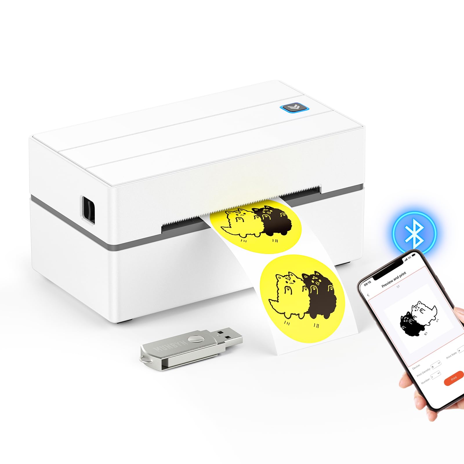 MUNBYN Bluetooth Label Printer, 7.1 inches (180 mm) / s High Speed Printing, One-Click Setting, For Home & Office, Japan Post Support (Click Post), Width 4.2 inches (108 mm) (Max), A6 Label