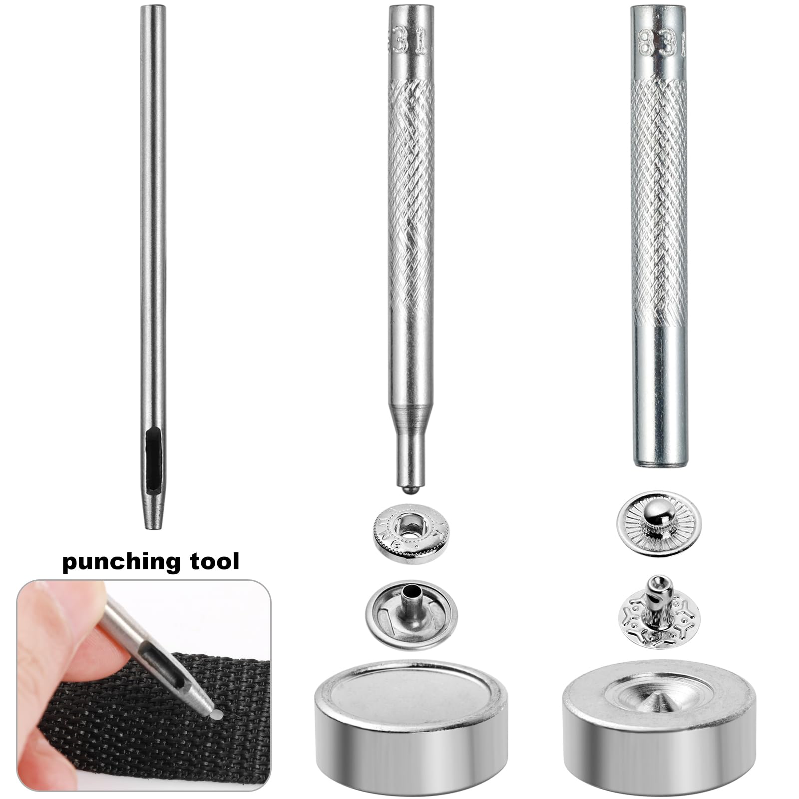 Youery 18 Kit Bottoni Automatici A Pressione Metallo 15 Mm – Con 3 Attrezzi Di Fissaggio – Per Jeans, Pelle, Giacche, Borse - 3