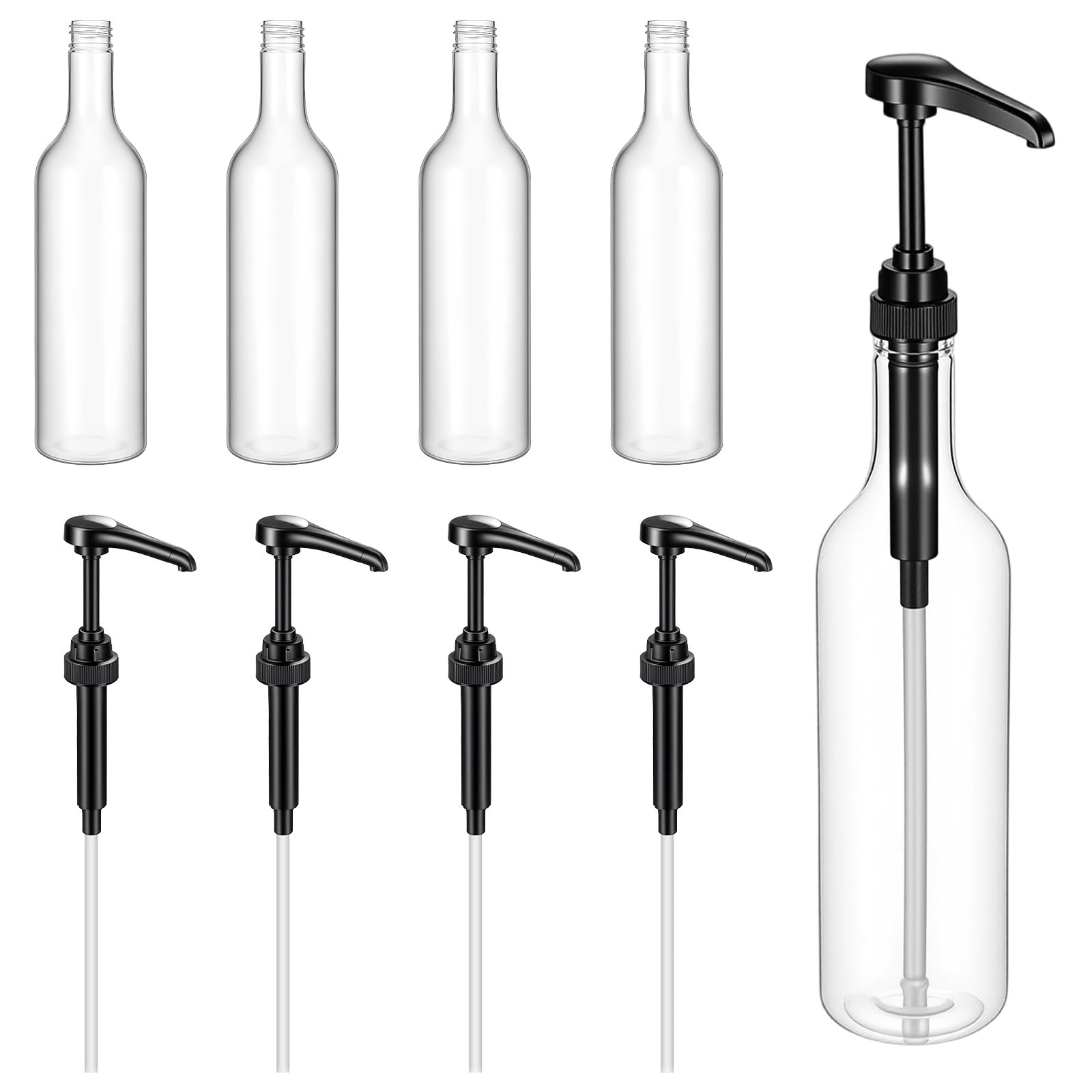 4 Pcs Syrup Bottles with Pump, 25 oz / 750 ml Long Neck Clear Bottles Plastic Syrup Pump Dispenser for Coffee Bar Accessories Home Party