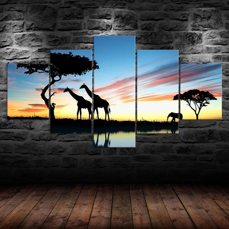 RAPSANI 5 piezas de arte de pared Silueta de jirafa,animales,safari africano,escena al atardecer impresión de lienzo de pared arte pintura,impresión en lienzo 5 piezas cuadro sobre lienzo,150x80cm