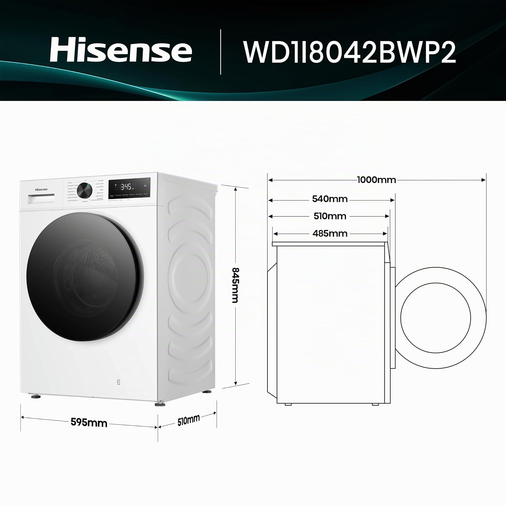 Hisense WD1I8042BWP2 Waschtrockner, 8 Kg, 1400 U/Min, 15 Programme, Automix-Waschmittelschubfach, Pure Jet, Wash&Dry 59', Eco Refresh, Schnellwaschgang, Dampffunktion, Anti-Allergie, EEK A-D, Weiß