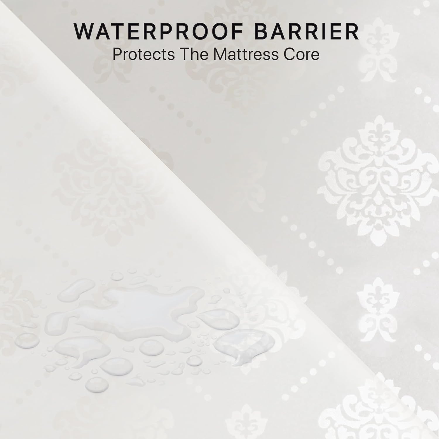 Close-up of the waterproof barrier on the mattress cover, showing liquid beading on the surface.