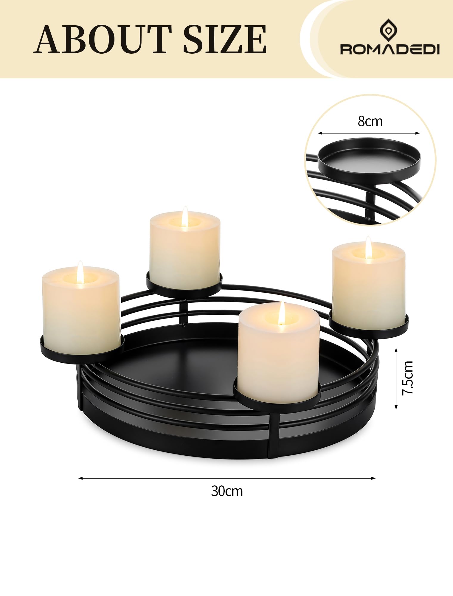 Romadedi Adventskranz Modern Schale Metall: Adventsschale Gestell Rund Matt Schwarz Ø 30cm für 4 Stumpenkerzen Ø 8 cm - Adventsgesteck mit Tablett für Tisch