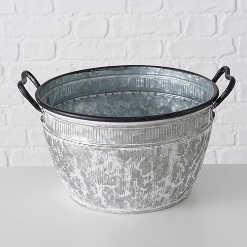 Miniatura 8 de Farmers Market - Juego de 3 macetas de zinc, metal galvanizado, contenedores redondos gorditos, bordes de contraste enrollados negros, asas, acabado
