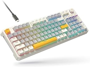 RAEGR MechGear X100 Mechanical Gaming Keyboard, 98 Keys Compact Full Size, Rainbow Backlit, Hot-Swappable Switches, Multi-Function Volume Knob with Detachable Cable – RG10597 Retro White/Grey