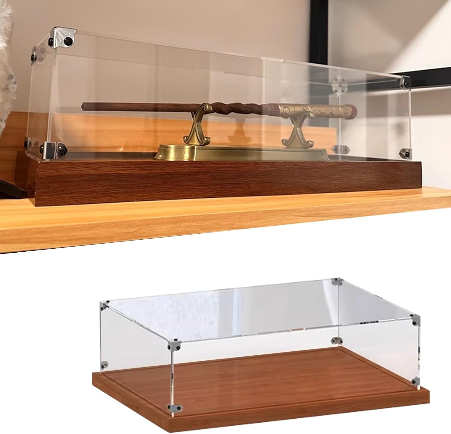 Premium Acrylic Display Case for Collectibles - Dustproof Showcase with Wooden Base - Perfect for Antiques Models Art & Memorabilia - Elegant Countertop Storage (22"x10"x4")