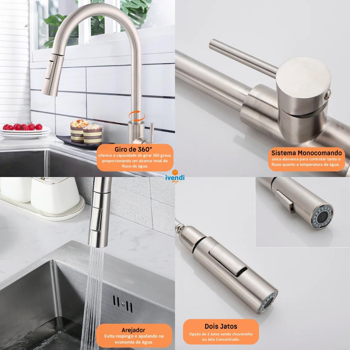 Raro, Torneira Inox 304 Gourmet Misturador Monocomando Para Cozinha Com Mangueira Retrátil Extensível Bico Fino Escovado