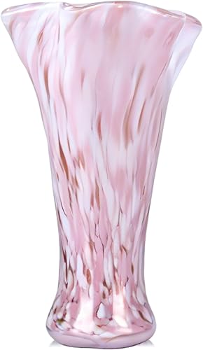 9.8" Tall Pink Hand Blown Glass Vases for Home Decor,Modern Wide Mouth Ruffle Flower Vase Table Centerpieces,Colored Coastal Sea Glass Art for Bookshelf,Bathroom,Counterto,Wedding