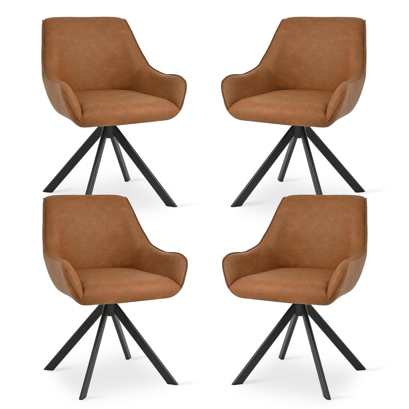 Goeurvant Swivel Dining Chairs Set of 4 with Armrests,360° Swivel Upholstered Chairs,Modern PU Leather Chair,Kitchen Chair with Metal Frame and Backrest for Dining Room,Living Room,Office, Brown