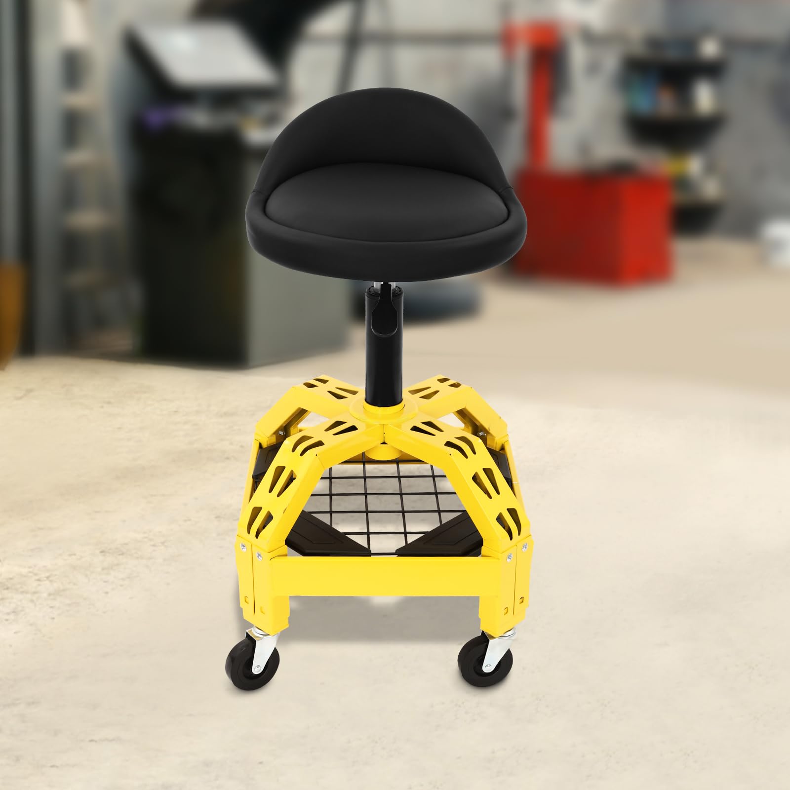 Sgabello da officina regolabile in altezza con ruote, girevole a 360°, con base a griglia, per officina e officina