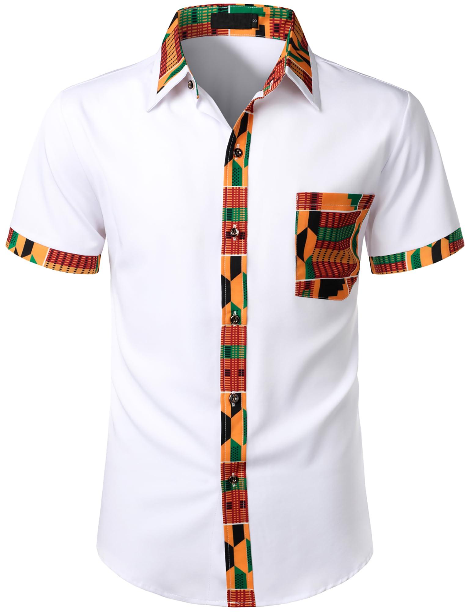 ZEROYAA Men's African Printed Patchwork Design Short Sleeve Button up Shirt