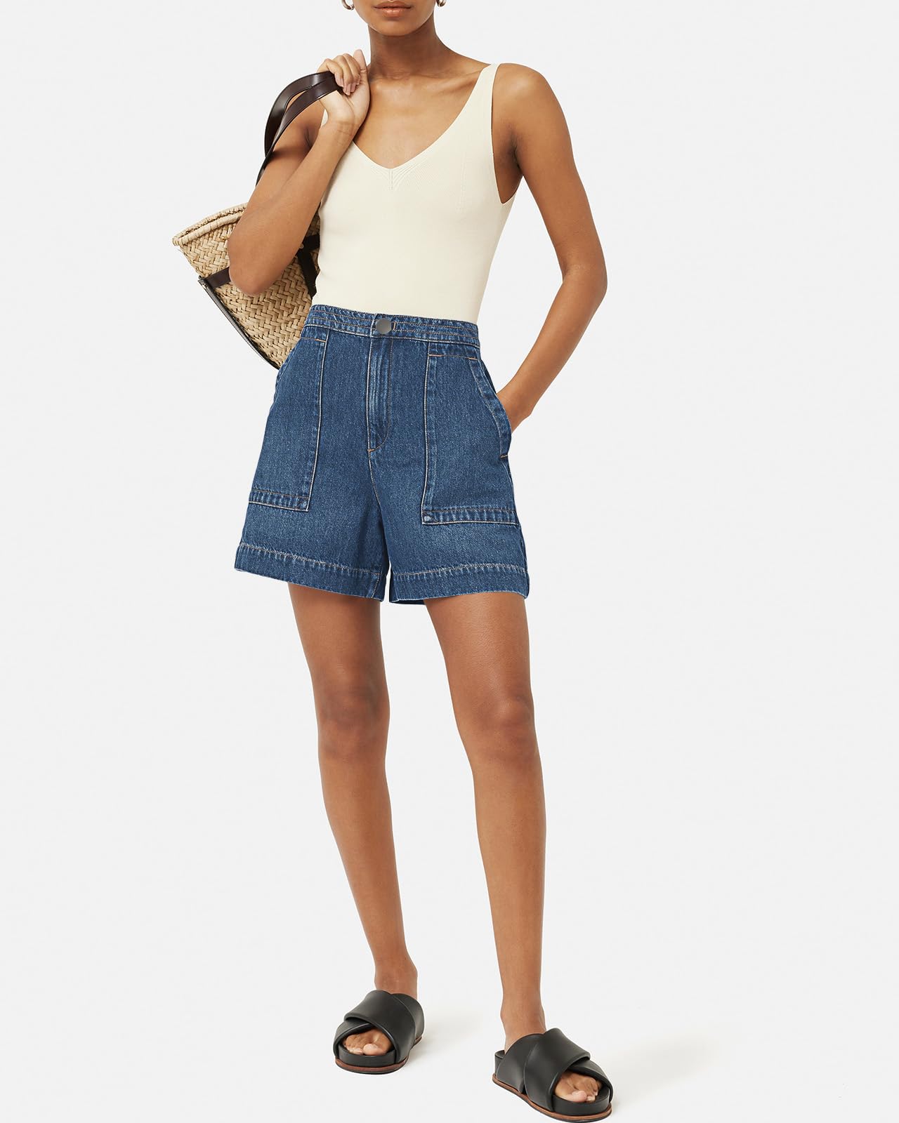 Cicy Bell Pantalones vaqueros cortos de verano para mujer, pantalones vaqueros cortos holgados, cintura alta, pantalones vaqueros anchos básicos con bolsillos