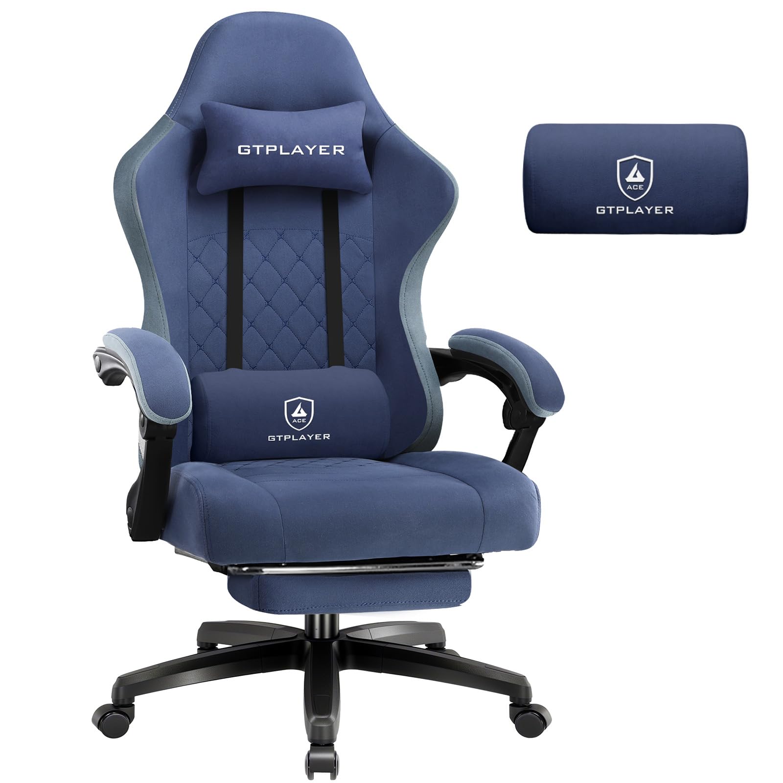 GTPLAYER Gaming Stuhl Stoff, Gaming Sessel mit Taschenfederkissen, ergonomischer Drehstuhl, Gamer Stuhl mit Fußstütze150 kg Belastbarkeit, dunkelblau
