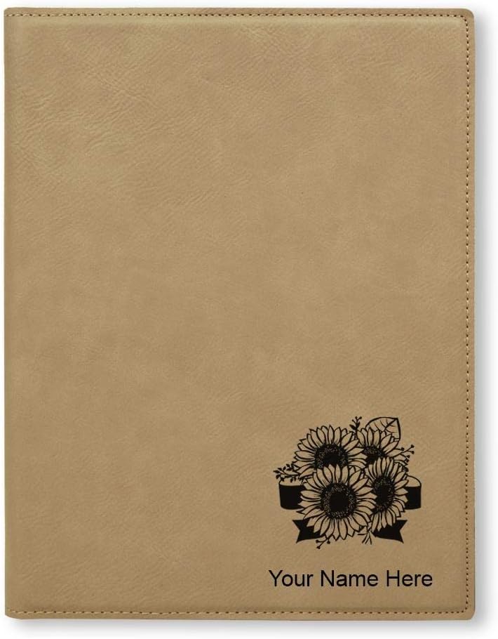 Large 9.5" X 12" Portfolio Notepad, Sunflowers, Personalized Engraving Included (Light Brown)