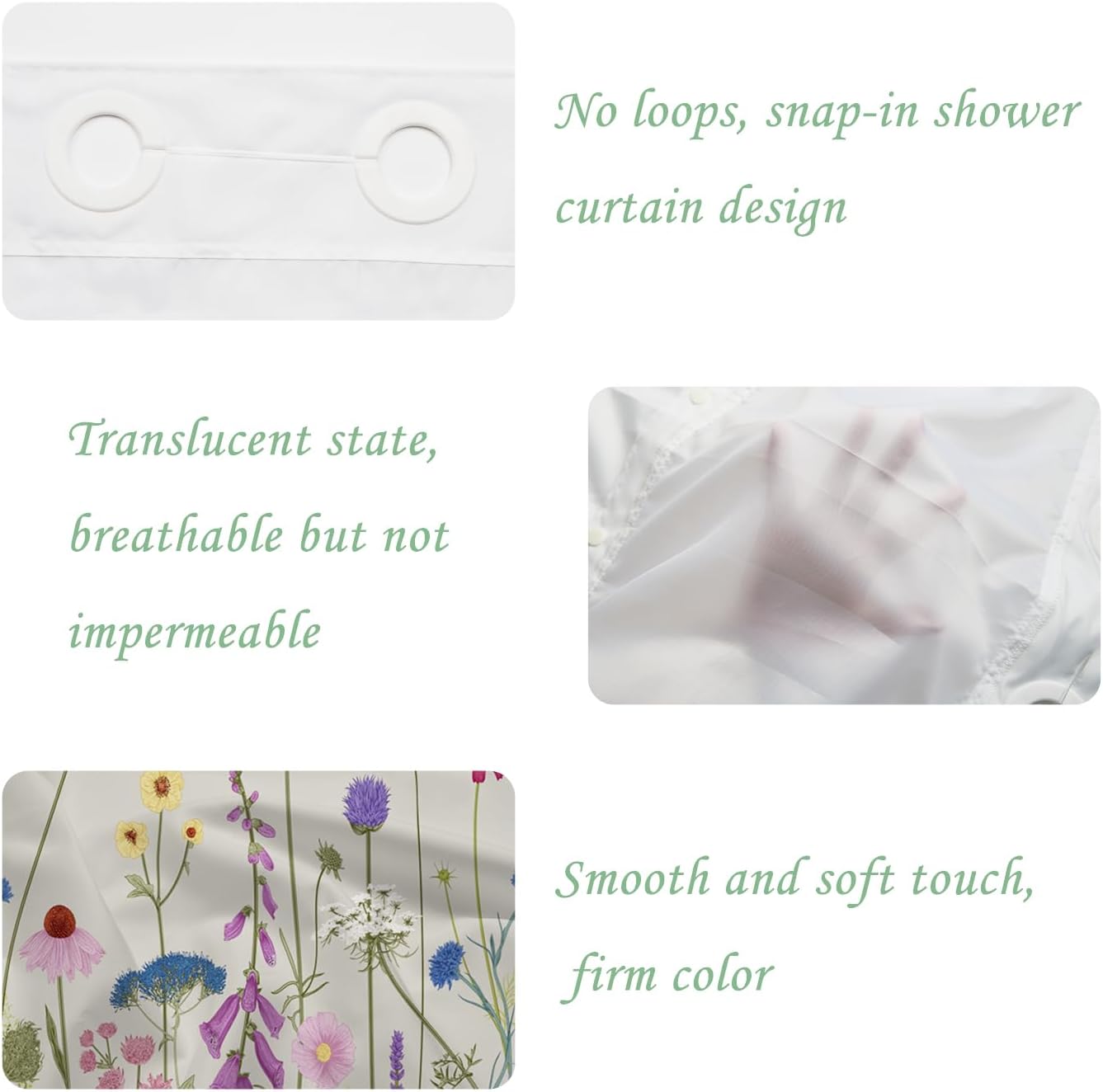 71x71 Inch Without Hook Floral Shower Curtain and Liner Set Colorful Vivid Flowers Plant Snap in Shower Curtains for Bathroom Vibrant Wildflower Botanical Nature Bathroom Set